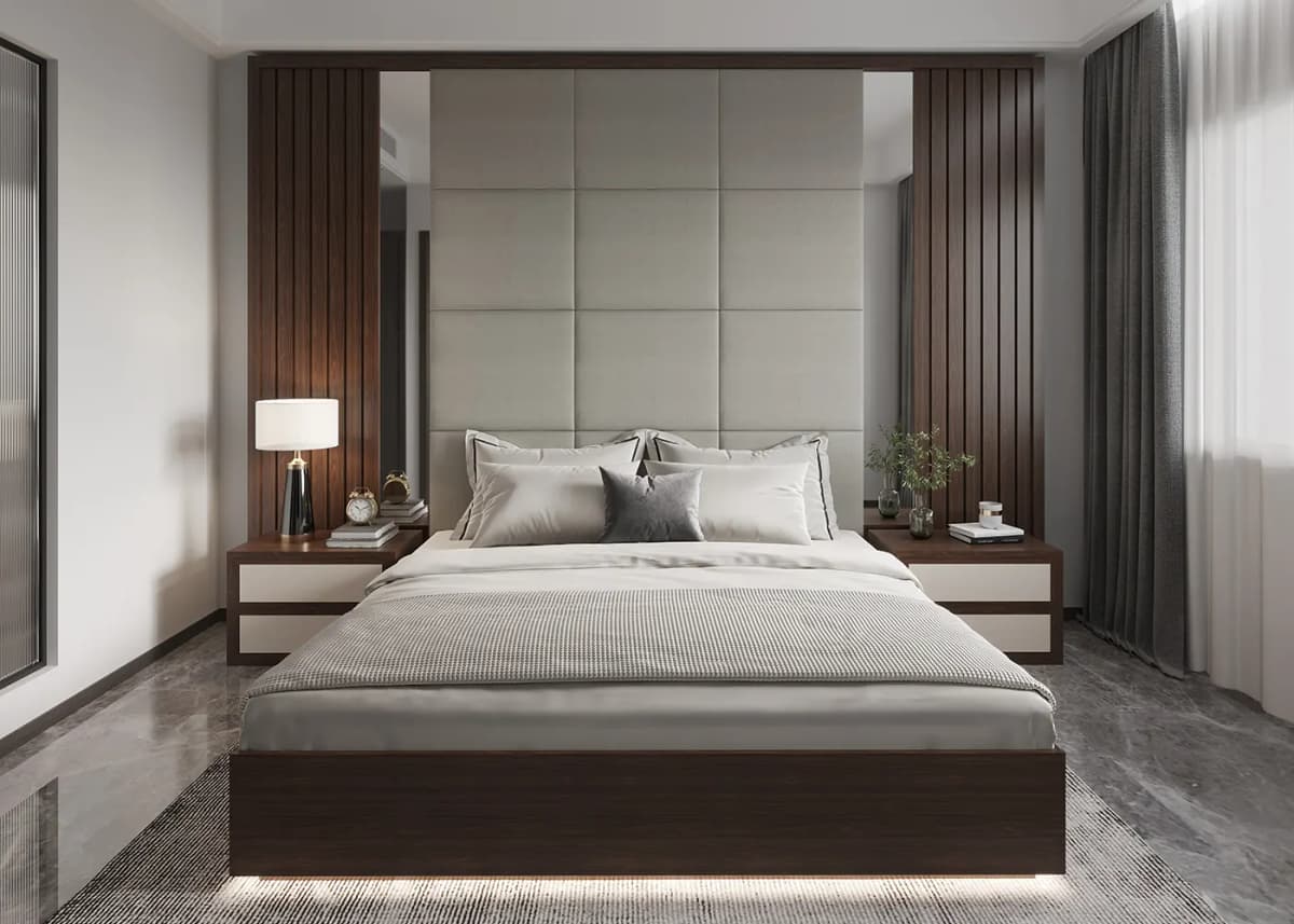 Modern bedroom design with dark walls and elegant furniture